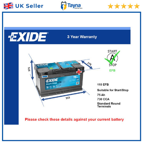 Efb car battery el752 exide - battery,
